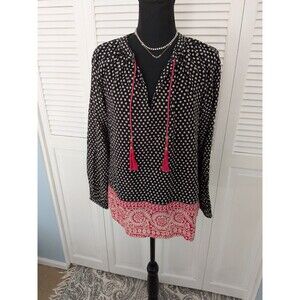 Boden Blouse Womens 6 Black Red Boho Peasant Polka Dot Tassels Hippie Light Top